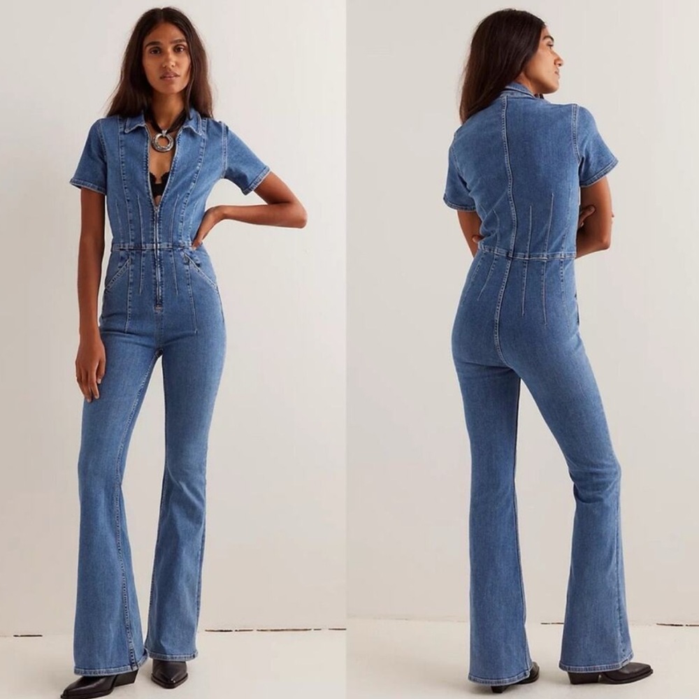 NEW Free People Jayde Flare Jumpsuit Sunburst Blue Size XL
